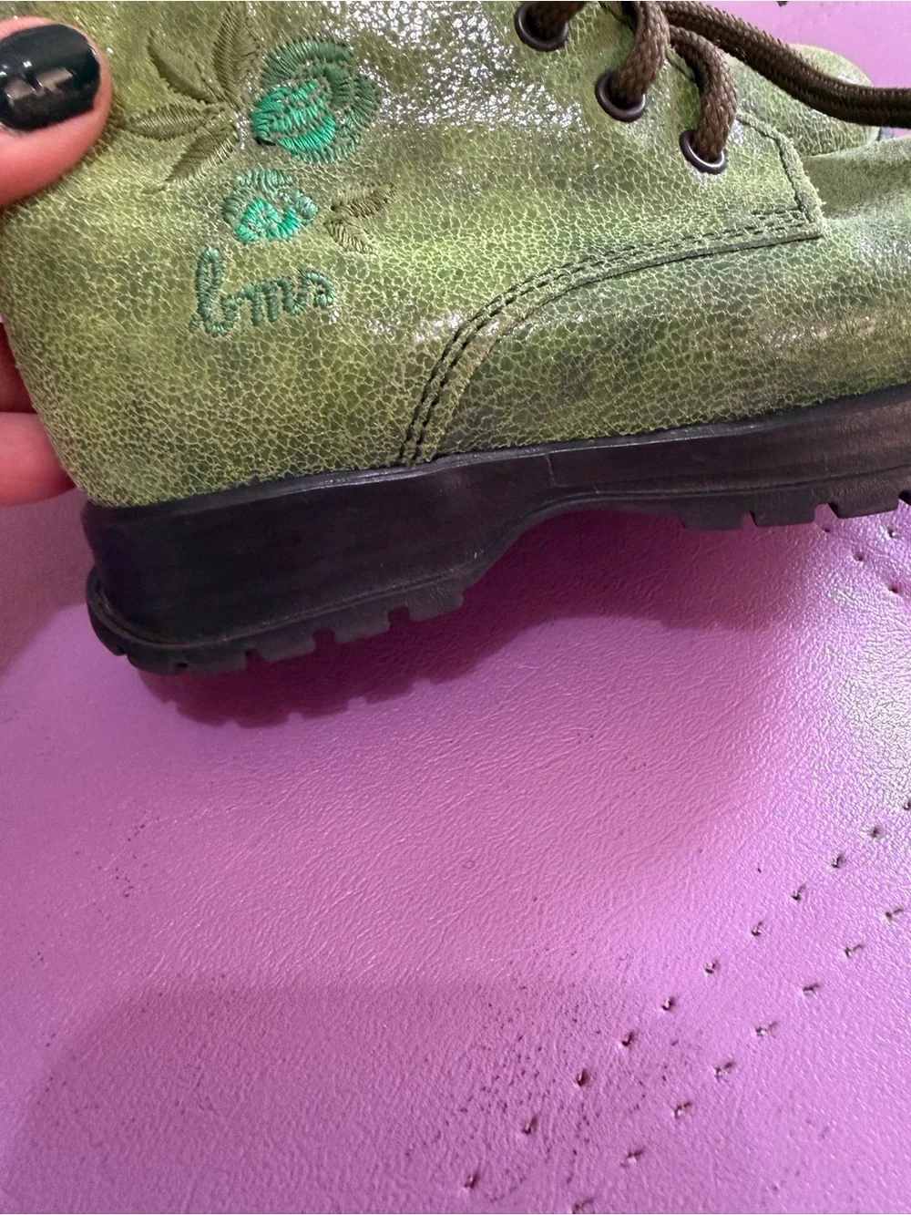 Girls Green Lace-Up Ankle Boots with Embroidered Floral Detail